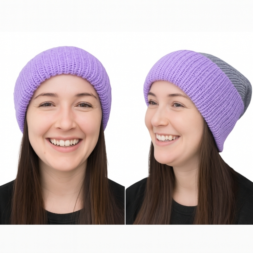 Hand Knit Unisex  Reversable Slouchy Hat In Shades Light Grey & Lilac